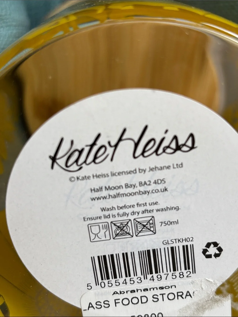 NWT KATE HEISS Glassware, Storage Jar, Bamboo Lid, Pretty Yellow Flower Design